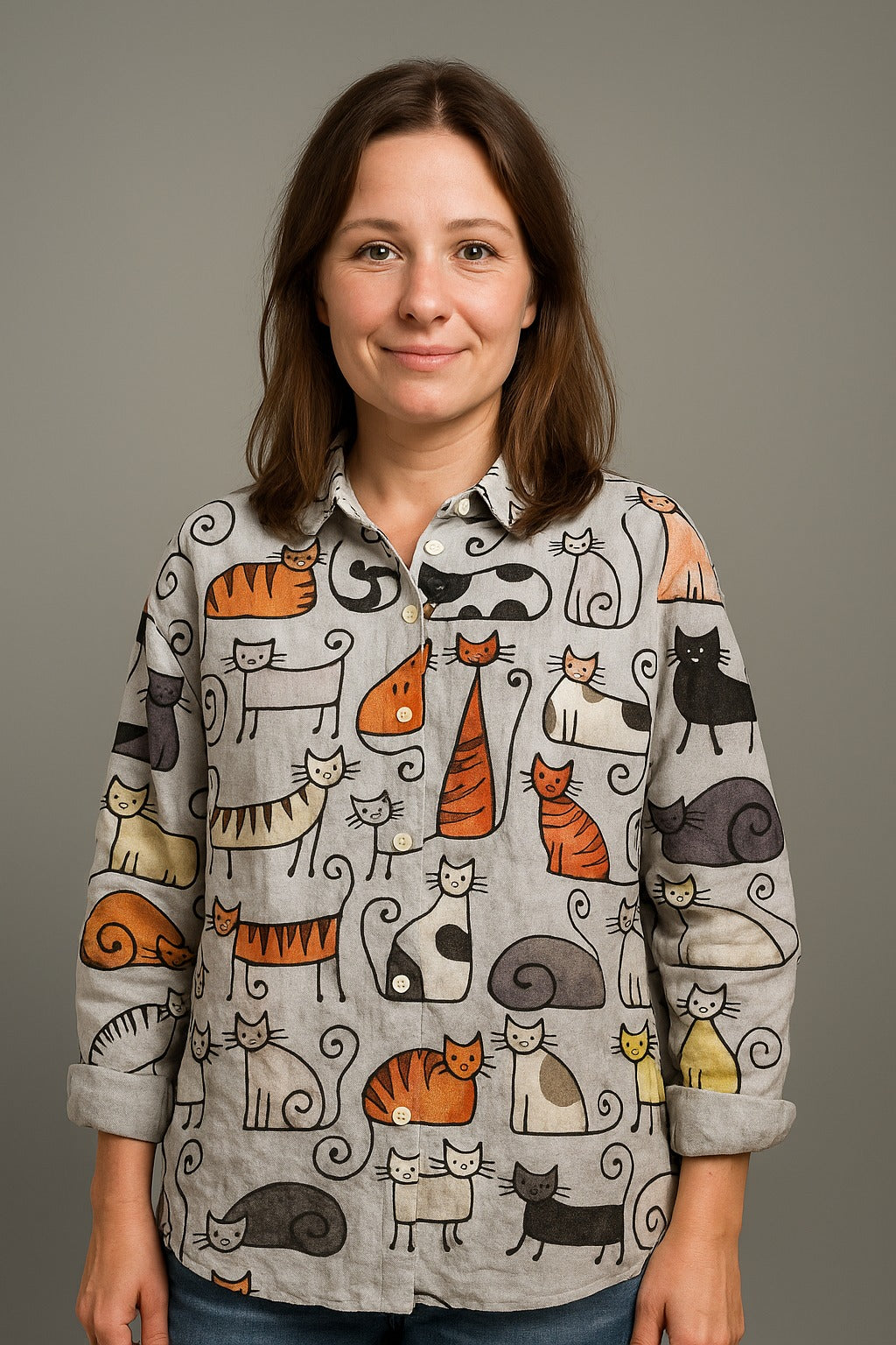 Blouse with cat illustration