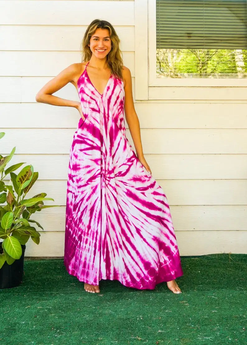 Purple and white tie-dye maxi dress