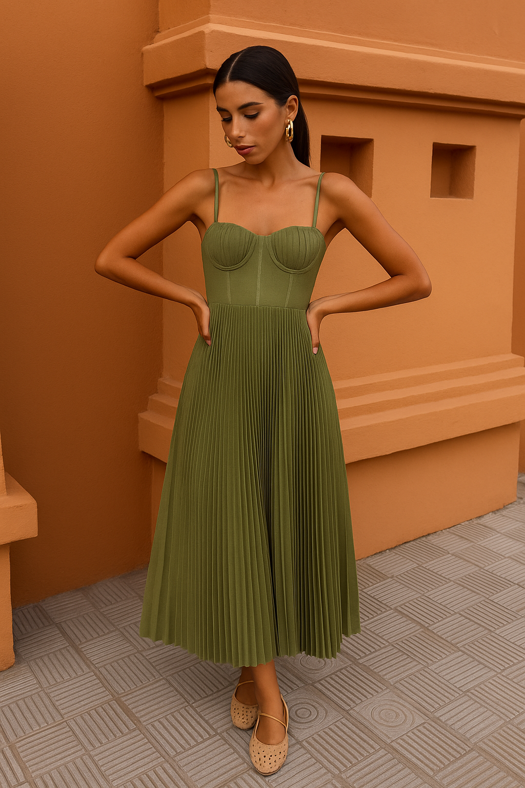 Olive green pleated midi dress