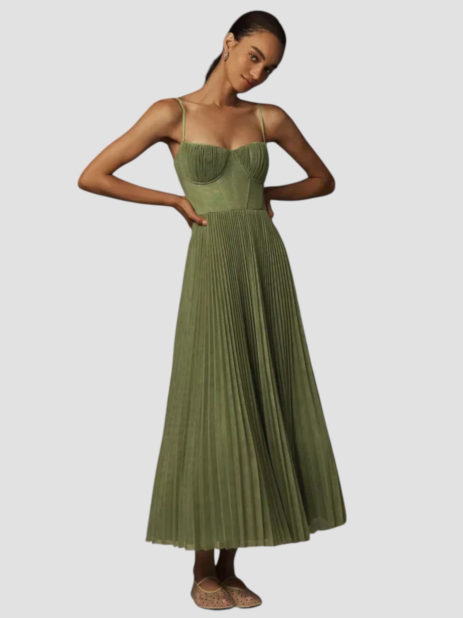 Olive green pleated midi dress