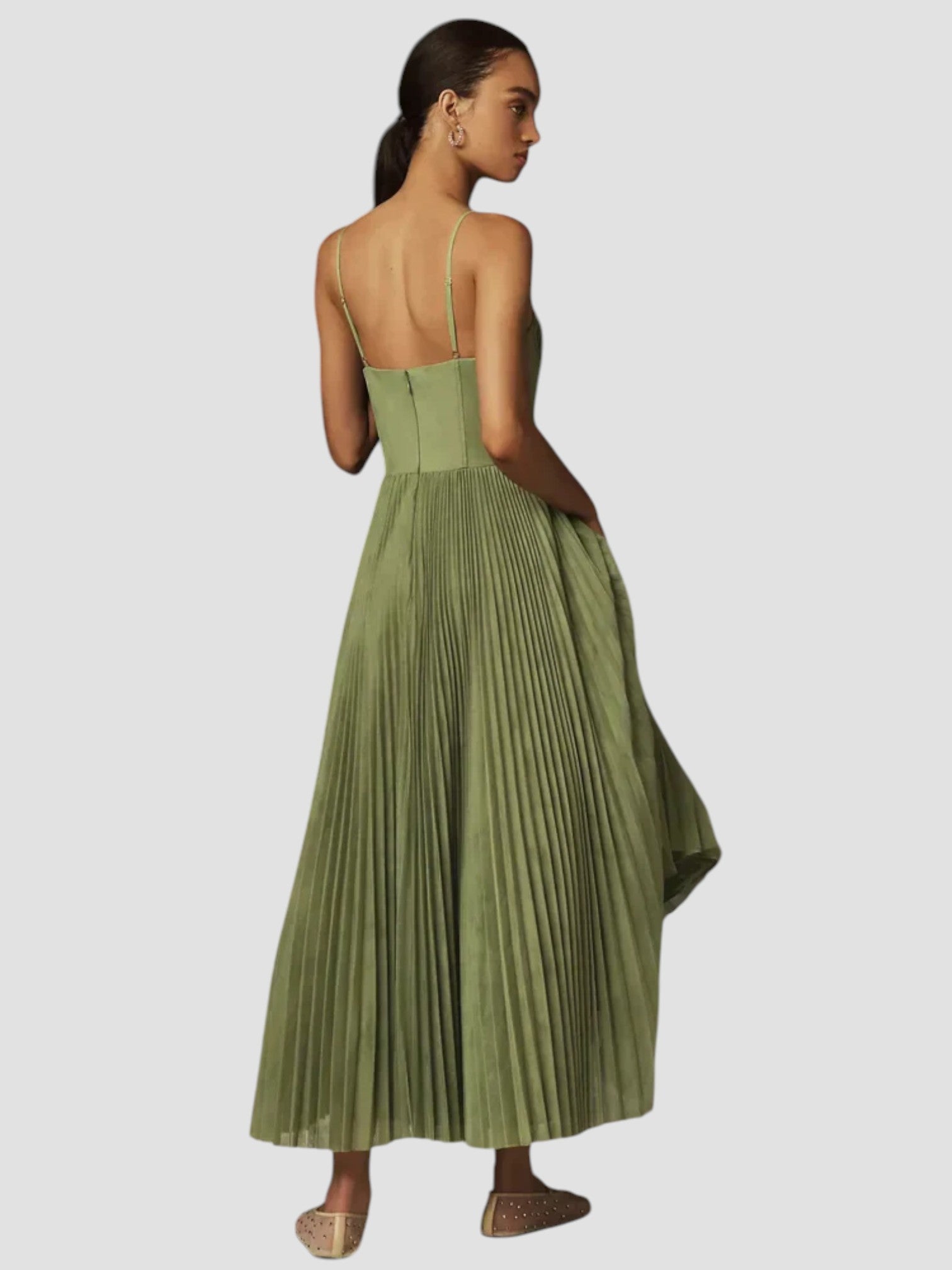 Olive green pleated midi dress