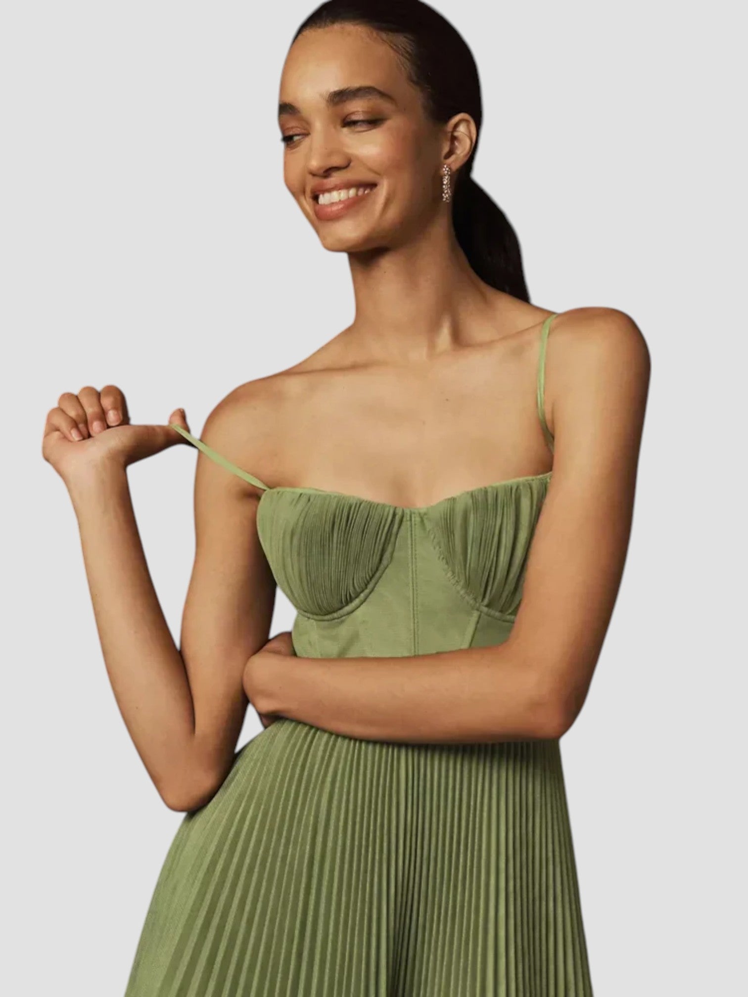 Olive green pleated midi dress Qucee