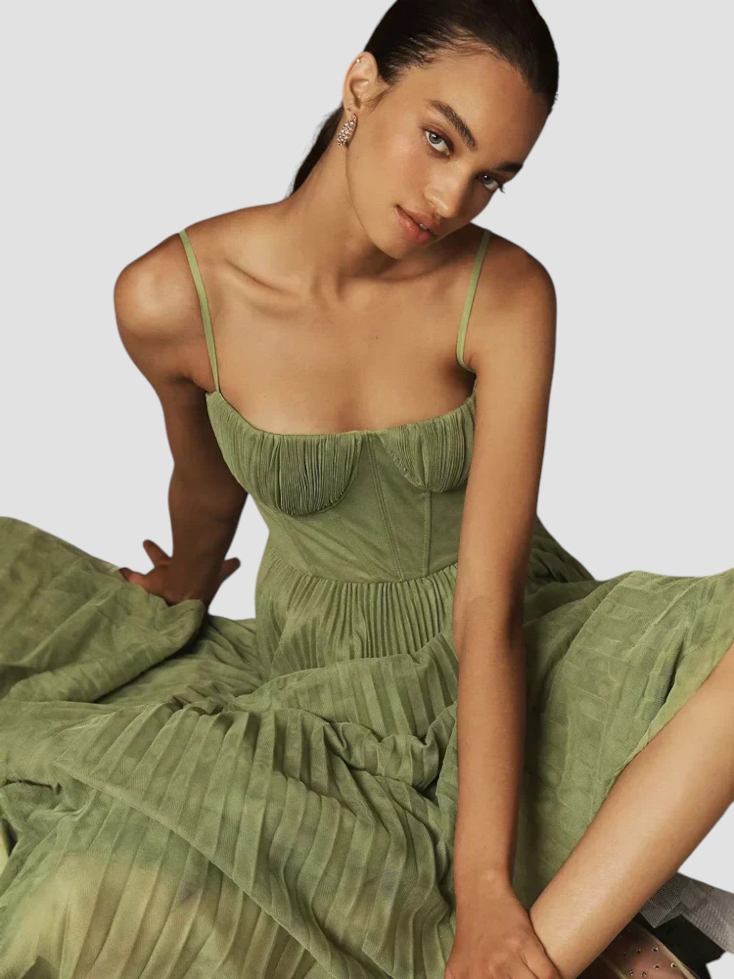 Olive green pleated midi dress