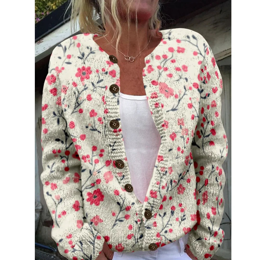 Cyan | Gebreid vest met kersenbloesemprint