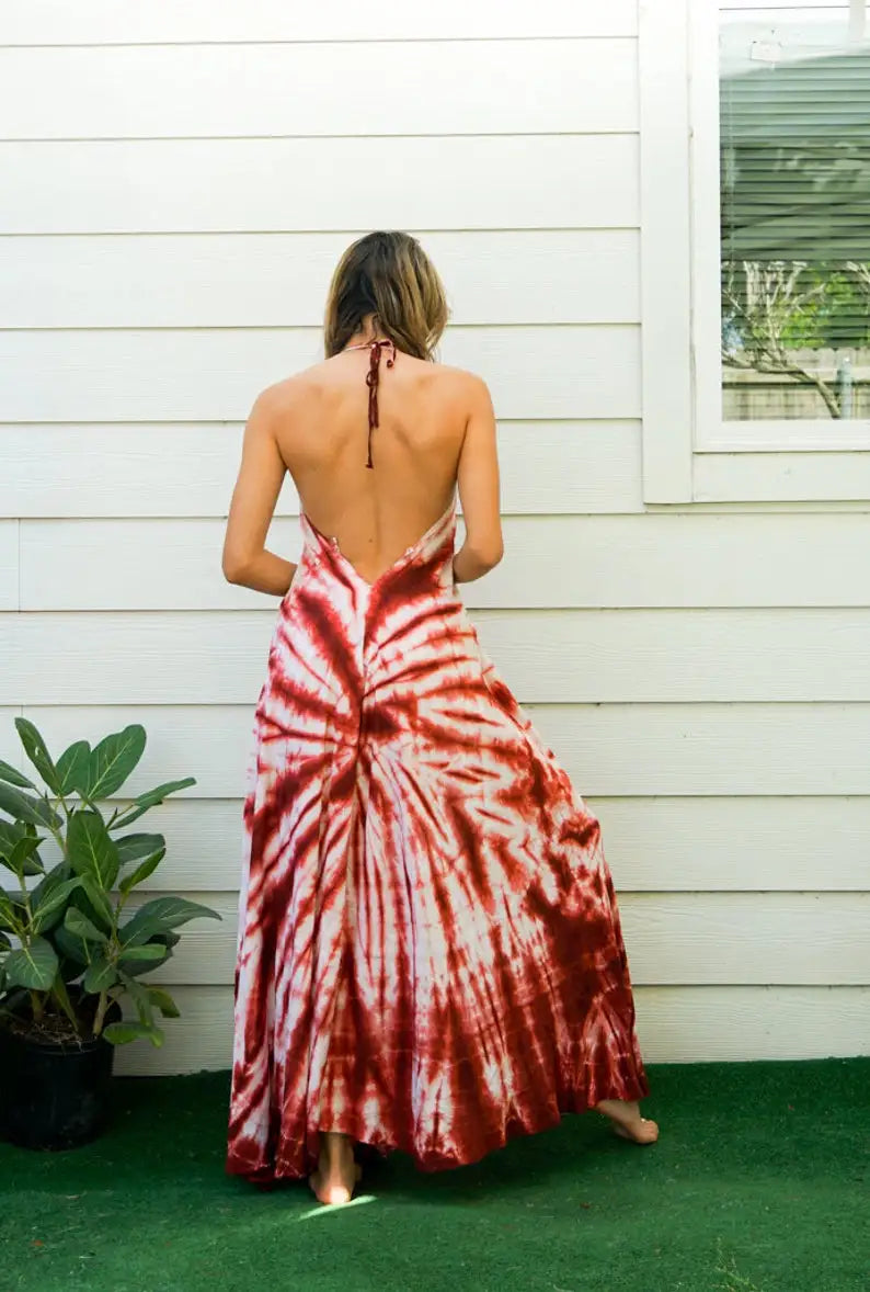 Crimson Waves | Off-shoulder tie-dye maxi dress
