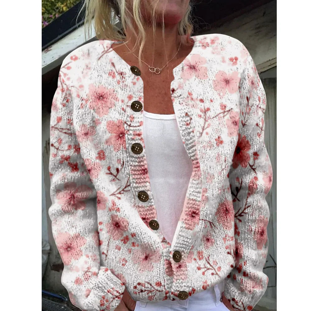 Fleur | Crème cardigan met roze bloemendessin
