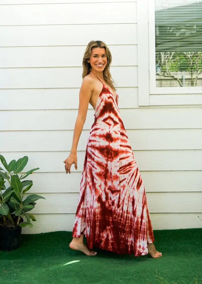 Crimson Waves | Off-shoulder tie-dye maxi dress