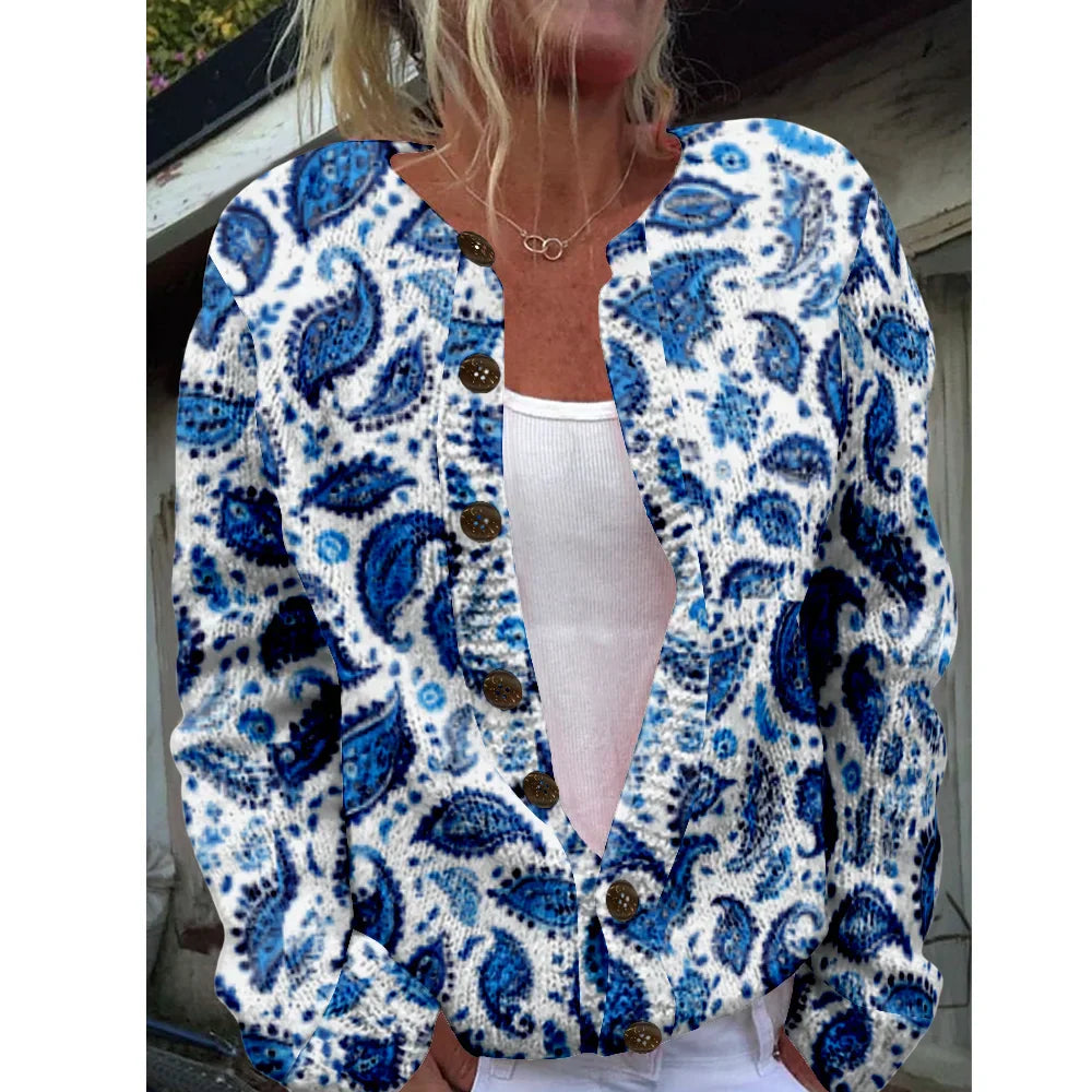 Gracie | Gebreid vest met blauwe paisleyprint
