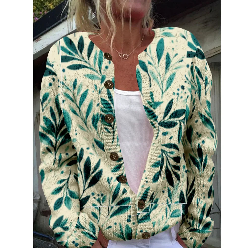 Janell | Crème cardigan met bladprint