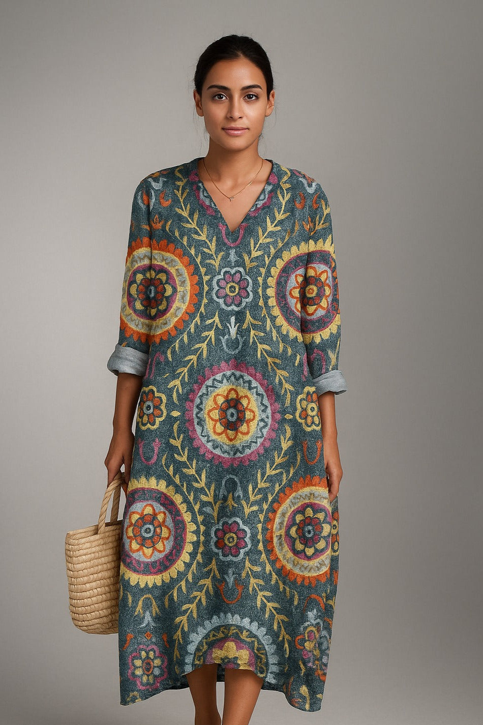 Midi Dress with Folkloric Print
