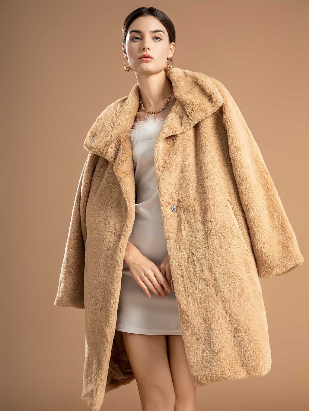 Beige teddy coat with shawl collar