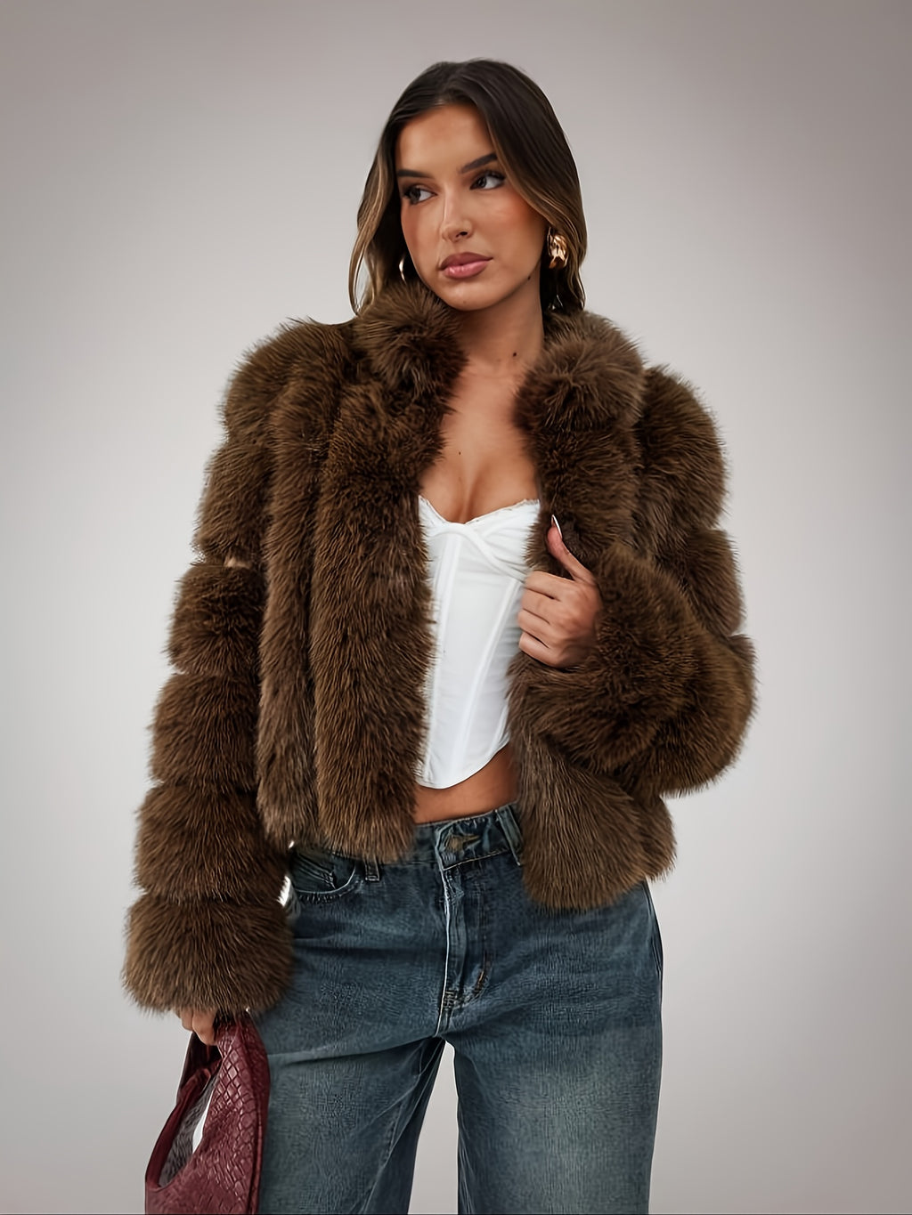 Brown short faux fur jacket