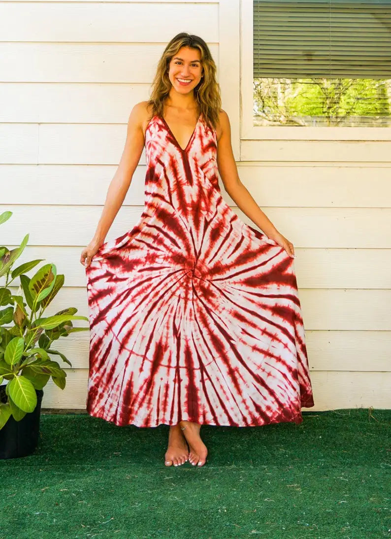 Crimson Waves | Off-shoulder tie-dye maxi dress