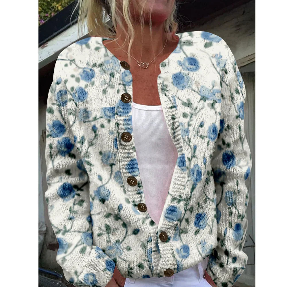 Darcy | Gebreid vest met blauwe bloemenprint
