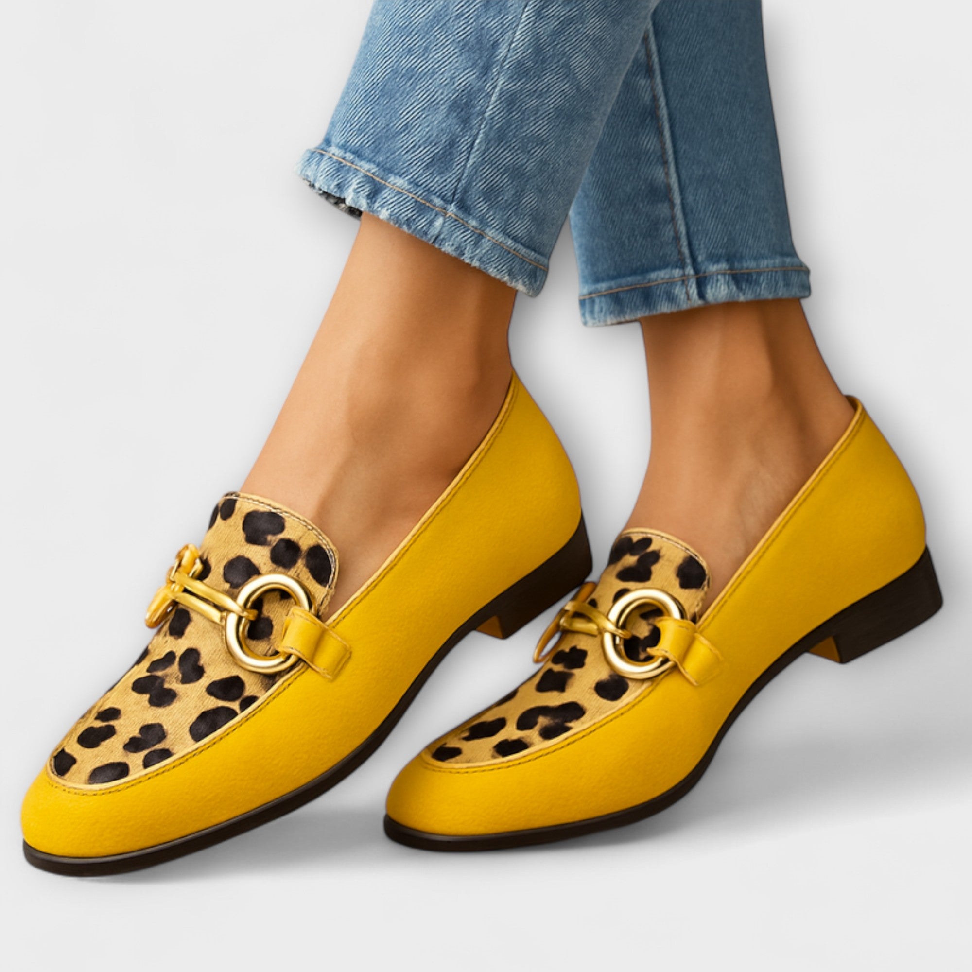 Yellow bit loafers with leopard detail
