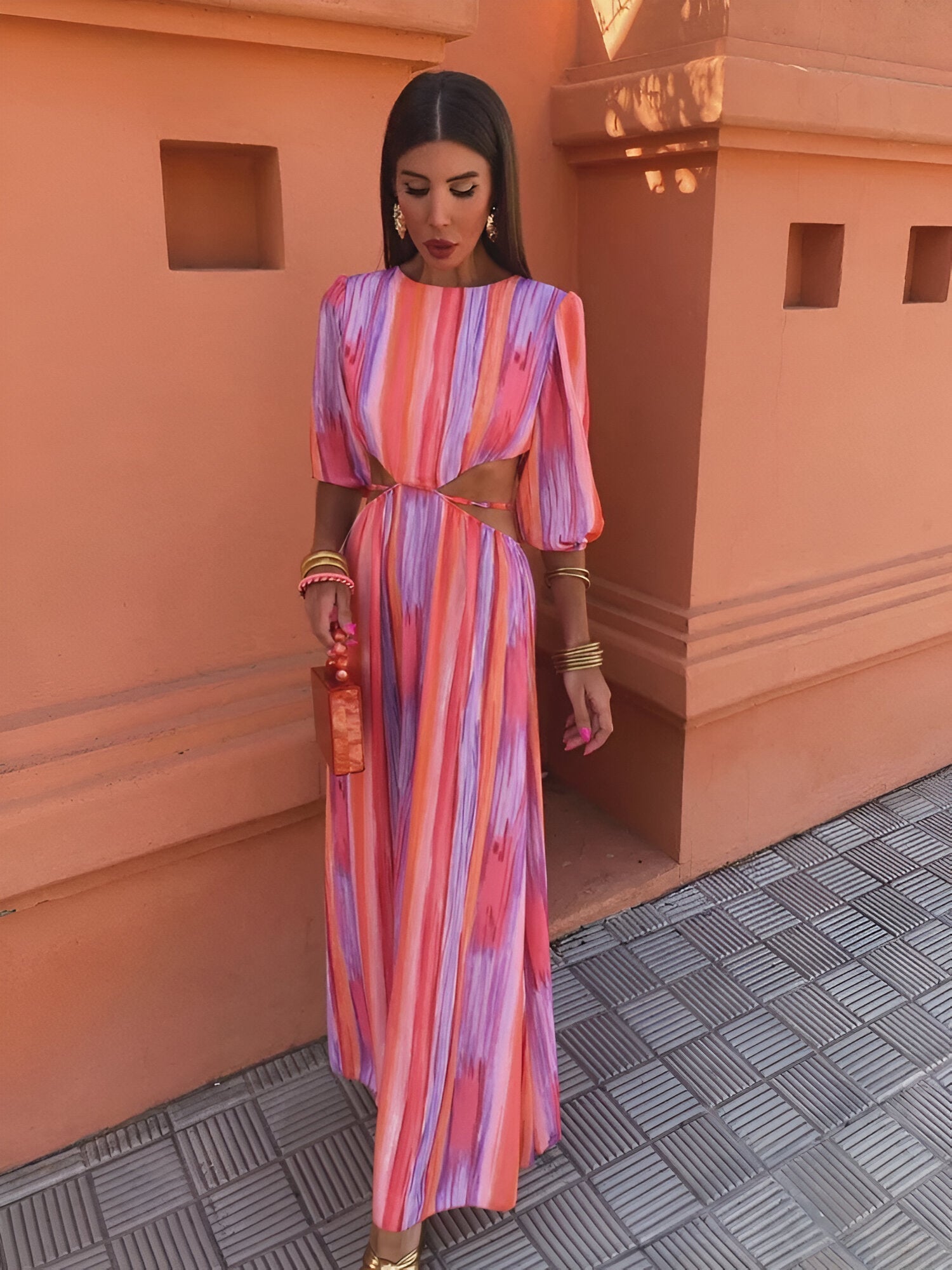 Orange and purple backless Maxi Dress