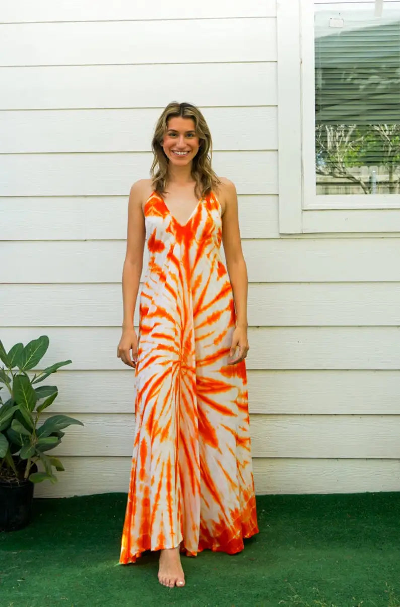 Orange and white tie-dye maxi dress