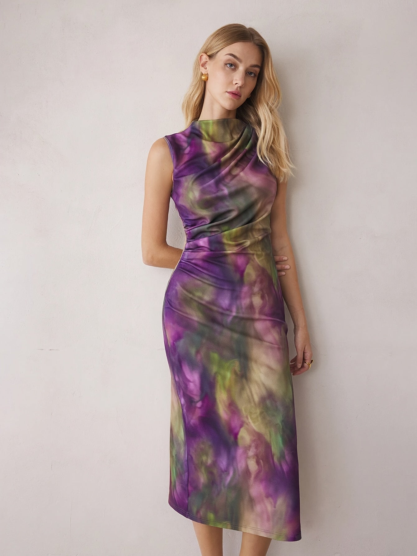 Purple midi dress with tie-dye print