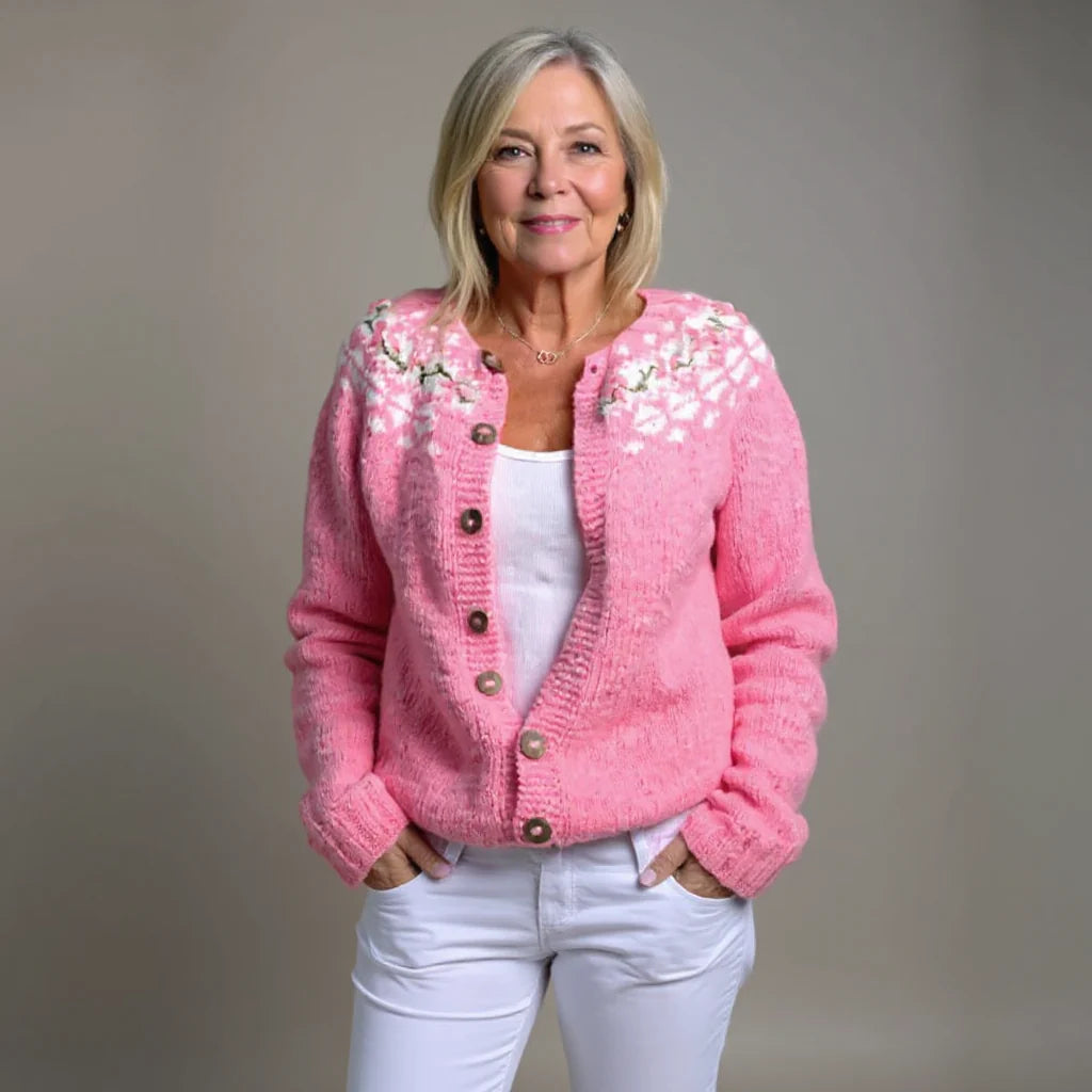pink cardigan met floral printest met floral print