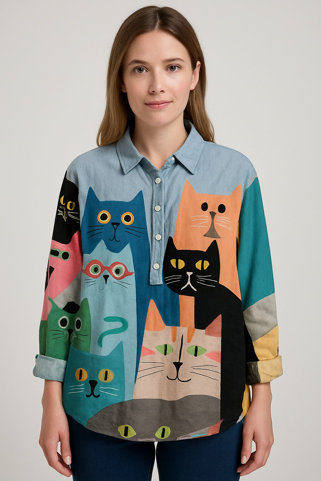 Denim-look blouse with cat print