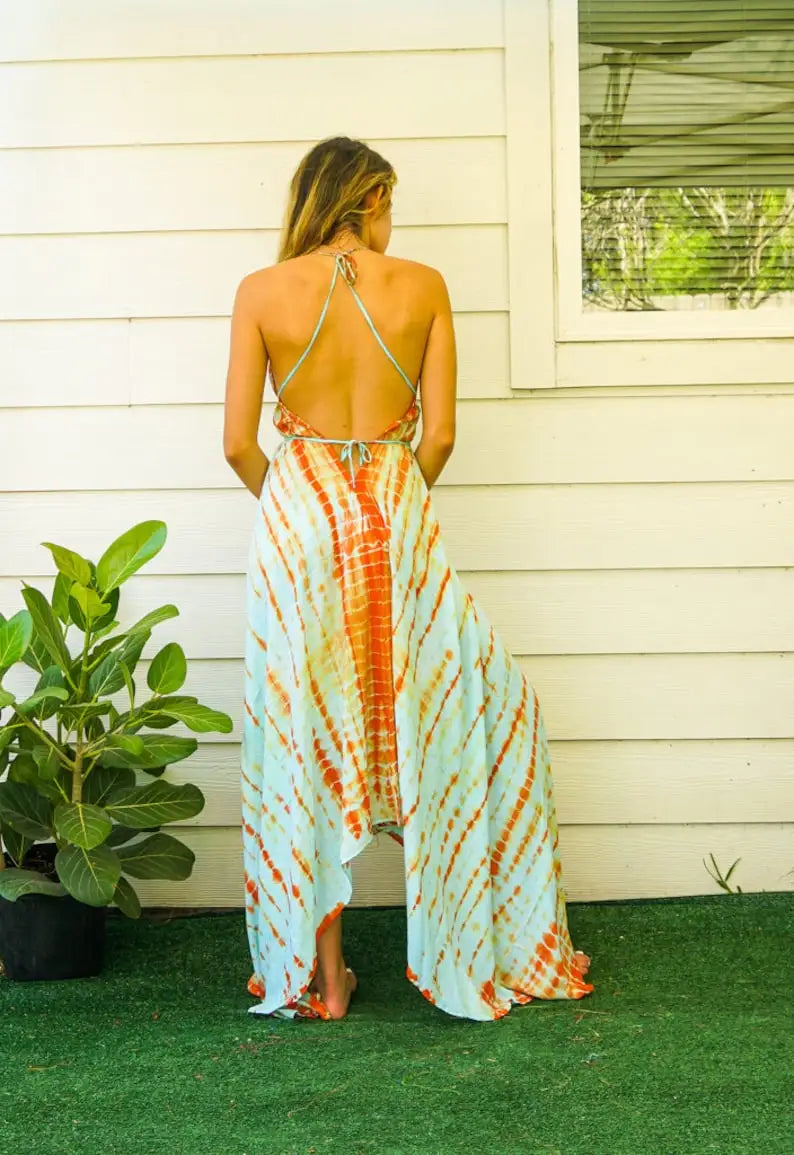 Orange and buetTie-dye maxi dress back