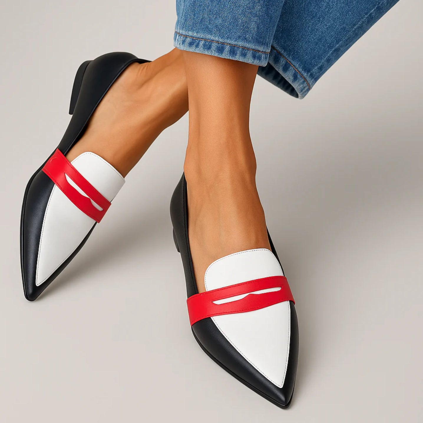 Black/white loafers with red Instep strap