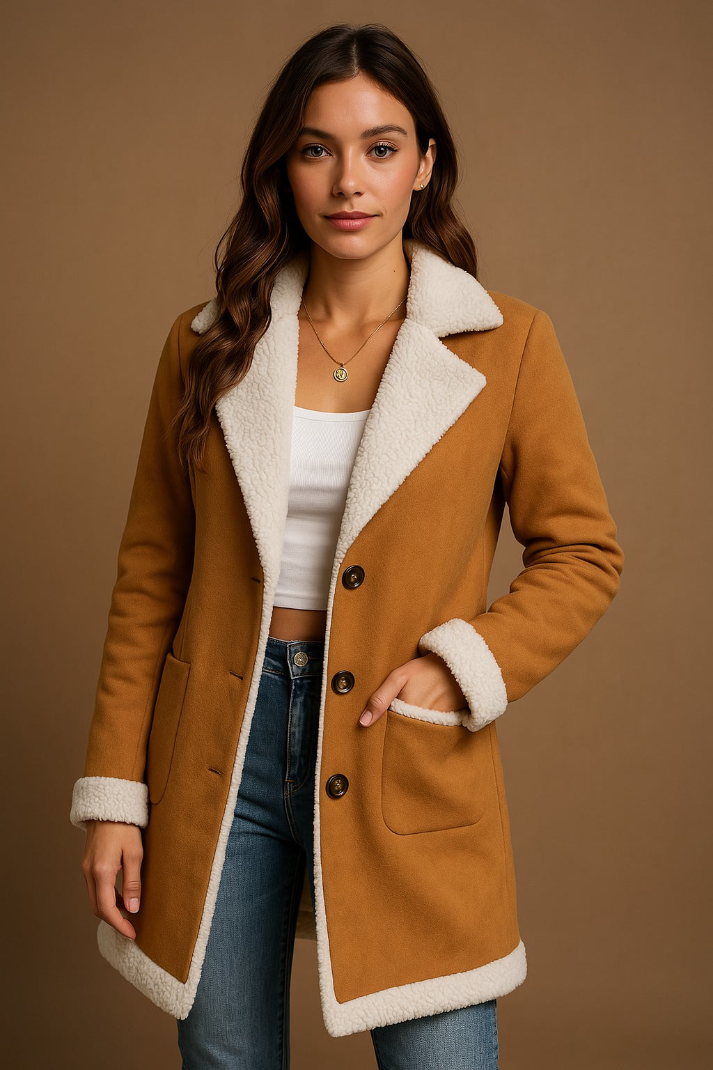 Carol | Camel mantel met teddy voering