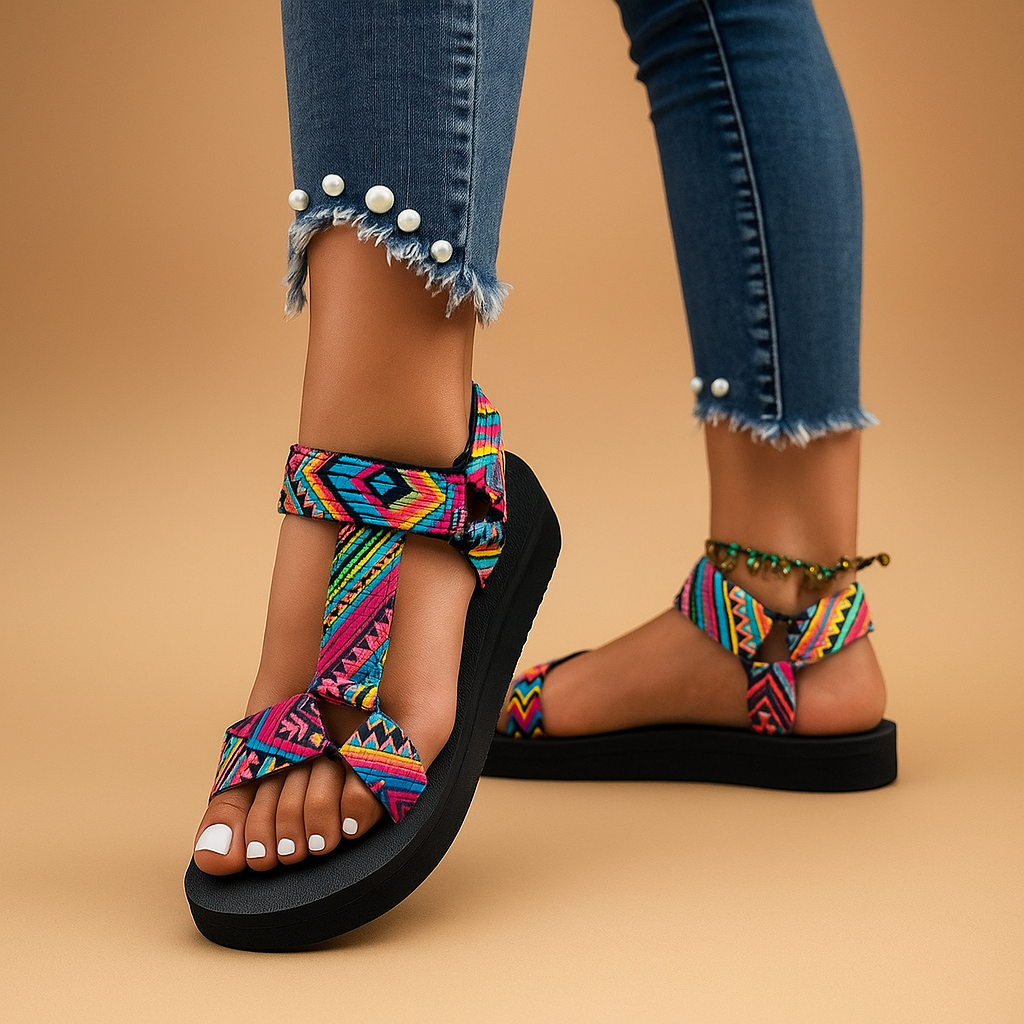 Sandals with colorful webbing straps
