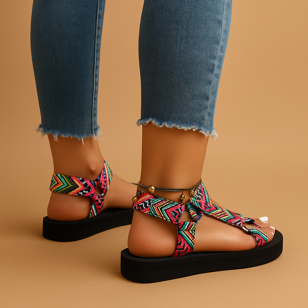 Sandals with colorful webbing straps