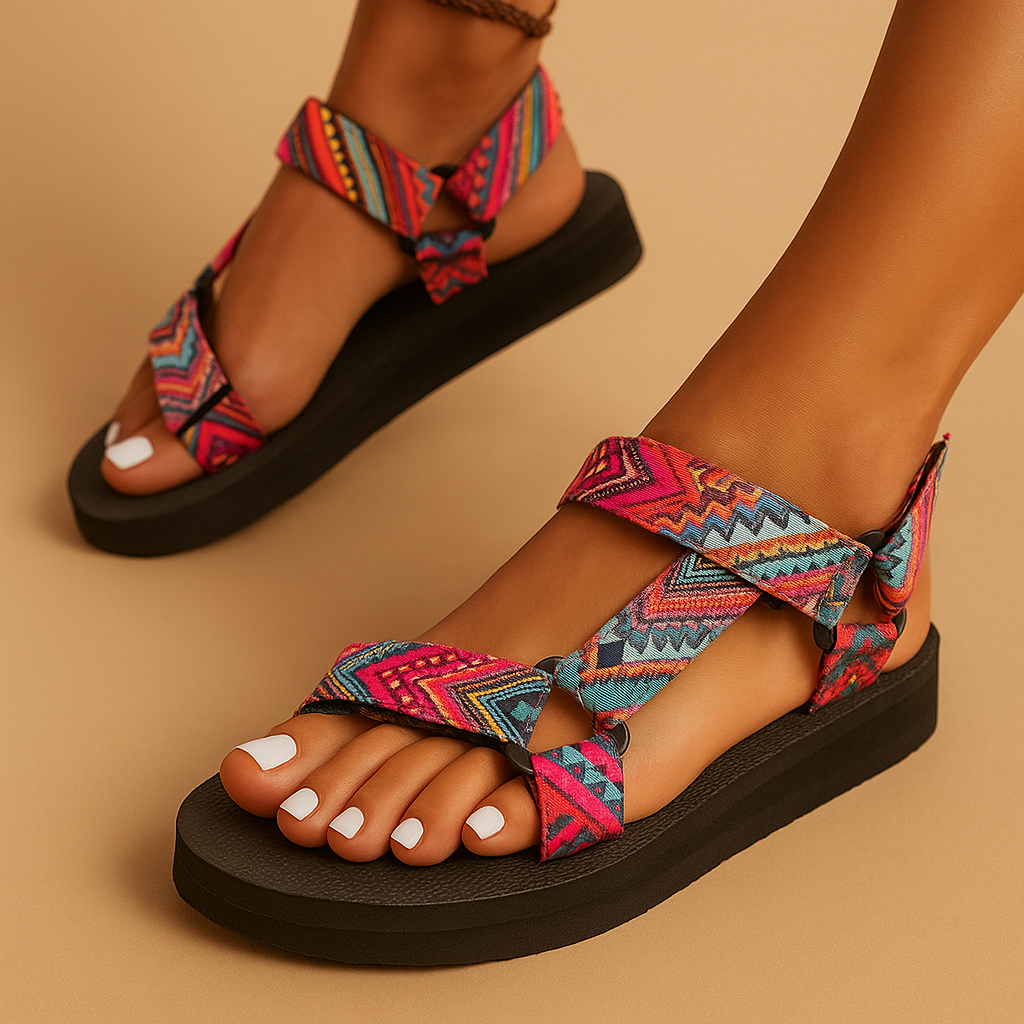 Sandals with colorful webbing straps